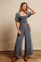 Smocked Washed Puff Sleeve Square Neck Denim Jumpsuit BiBi
